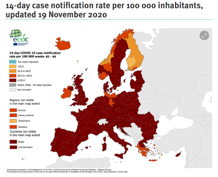 ECDC: 14-day case notification rate per 100000 inhabitants, updated 19-Nov-2020
