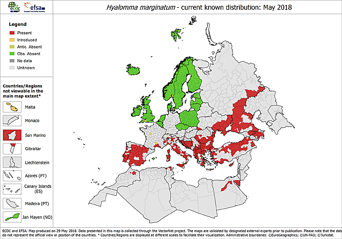 Výskyt klíštěte Hyalomma marginatum v Evropě