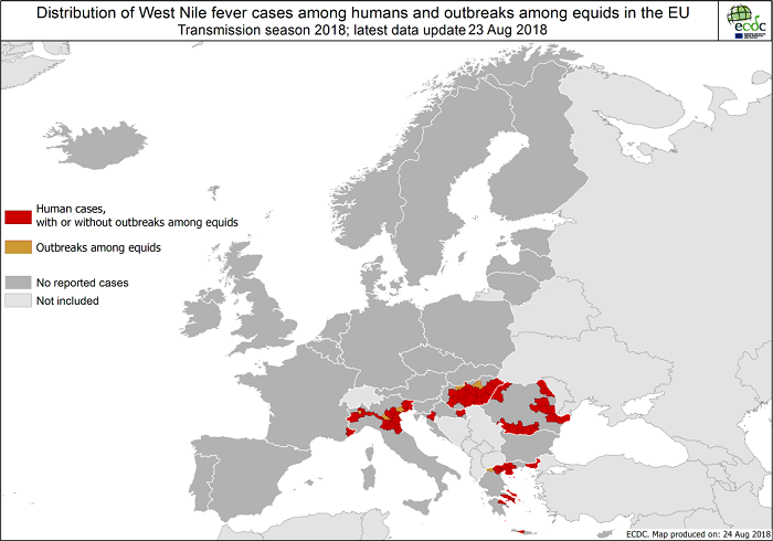 Výskyt západonilské horečky (WNF) v Evropě