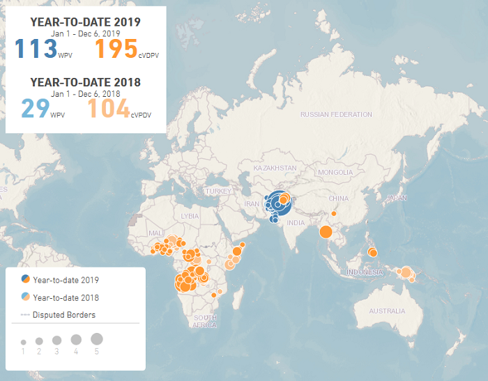Výskyt poliomyelitidy ve světě k 17. 11. 2019