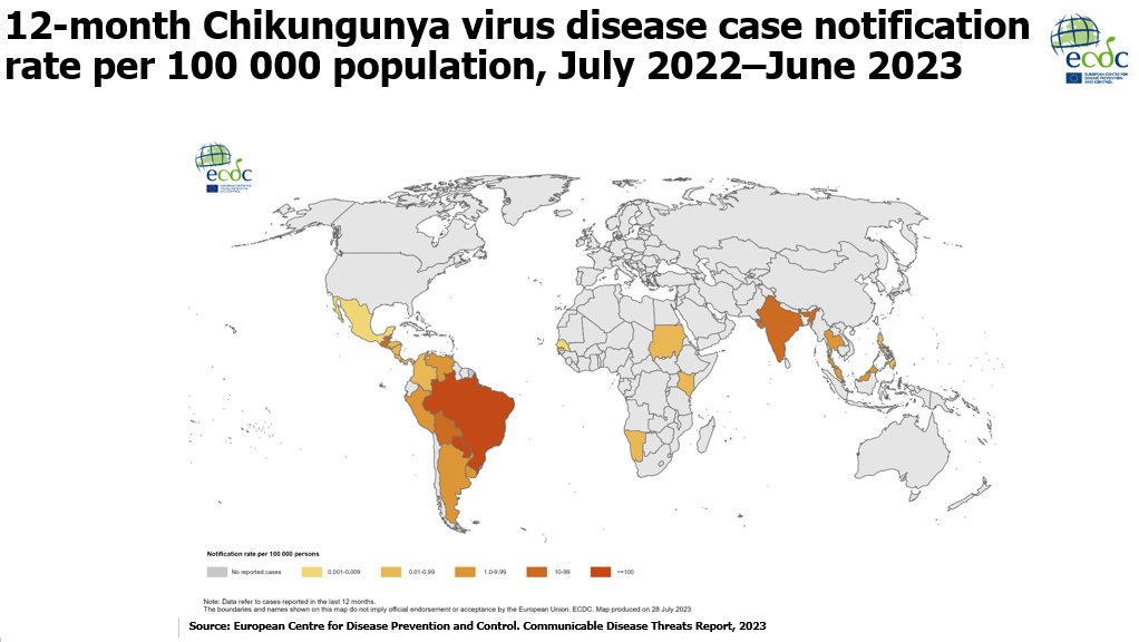 Geographical distribution of chikungunya cases reported worldwide