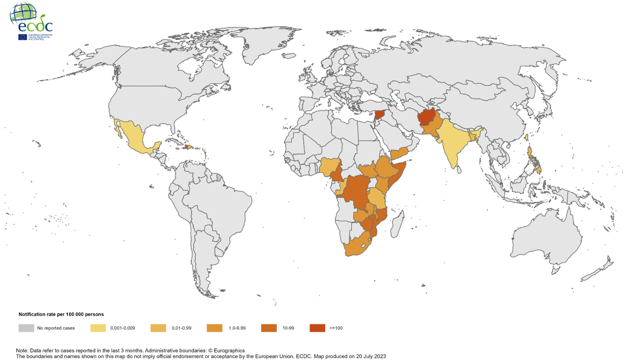 Geographical distribution of cholera cases reported worldwide, from May to July 2023