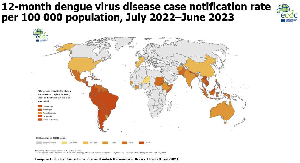 Geographical distribution of dengue cases reported worldwide